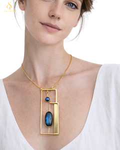 Labradorite Natural Gemstone Necklace & Earrings & Ring Set Gold Plated Brass Jewelry Geometric Design Unisex SOUMYA CREATIONS - Product Image 3