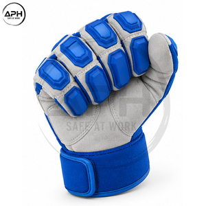 Gants de travail industriels en cuir premium bleu et blanc, anti-choc, avec protection renforcée des doigts et des phalanges, et poignet réglable - Product Image 2