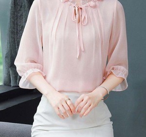 เสื้อผู้หญิงสไตล์เกาหลีเรียบง่าย แขนยาว คอตั้ง แต่งระบาย ผ้าถักลายกลีบดอกไม้  หรูหรา  ลำลอง  สำหรับฤดูร้อน  ผ้าลูกไม้  จับจีบ  เสื้อคลุม  เสื้อเบลาส์ - Product Image 6