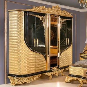 Luxury Modern Classic Wardrobe Solid Wood Gold Texture <b>Panel</b> Curved Design <b>Mirror</b> Door Art Deco Style Customized Furniture - Product Image 3