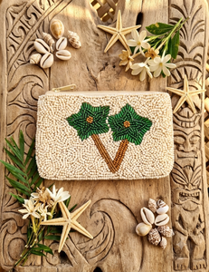 Porte-monnaie perlé bohème avec fermeture éclair, fait main, mini, unisexe, motif palmier vert - Product Image 1