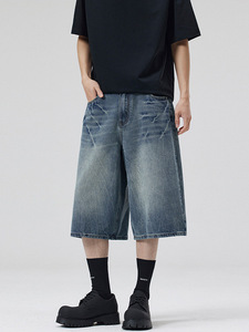 Shorts en jean vintage décontractés pour hommes, coupe ample, bleu foncé, avec logo personnalisé, broderie et impression - Product Image 2