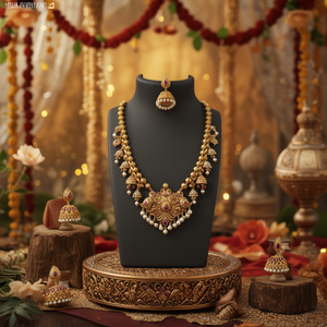 Matte Polish Haram Semi-Precious Stone Embellished Fashion Jewelry Set - Product Image 2