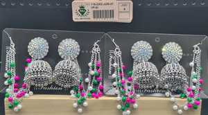 Oxidised Silver Plated Rhinestone Studded Jhumka Earrings Attached Pearl <b>Bead</b> Sahare Hair Chain Set - Product Image 3