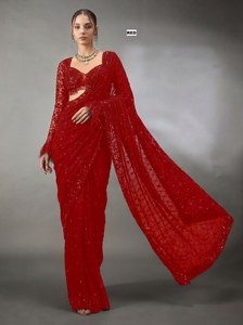 Soft Wine Sequin Lace <b>Saree</b> with Long Sleeve Blouse Indian & Pakistani Style Modern Wedding Outfit for Women Regular Length - Product Image 4