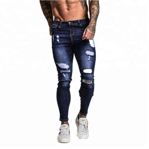 กางเกงยีนส์ขาดทรงสกินนี่สีน้ำเงินสำหรับผู้ชายไซส์พลัสสั่งตัดพิเศษ - Product Image 1