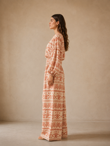 Womens Cotton Jacquard High Waist Wide Leg Pants Geometric Pattern Loose Fit Full Length Summer Resort Trousers - Product Image 2
