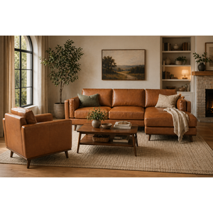 Living Room Set Loveseat Lounge Chair Armchair Cozy Design Cognac Leather Mid Century Ideal for Big Family Member - Product Image 1