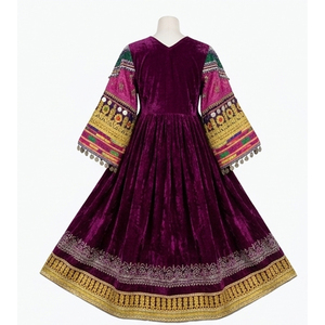 Purple Velvet <b>Kurti</b> Embroidered Sleeves Hem Traditional Indian Pakistani Wedding Wear Women's Loose Fit Midi Afghan Kuchi Dress - Product Image 2