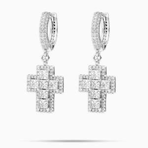 Pendientes de Aro con Cruz Decorada con Piedras |   Pendientes de Aro Colgantes con Cruz Chapados en Oro Blanco para Hombre y Mujer |   Joyería de Lujo Estilo Hip Hop - Product Image 1