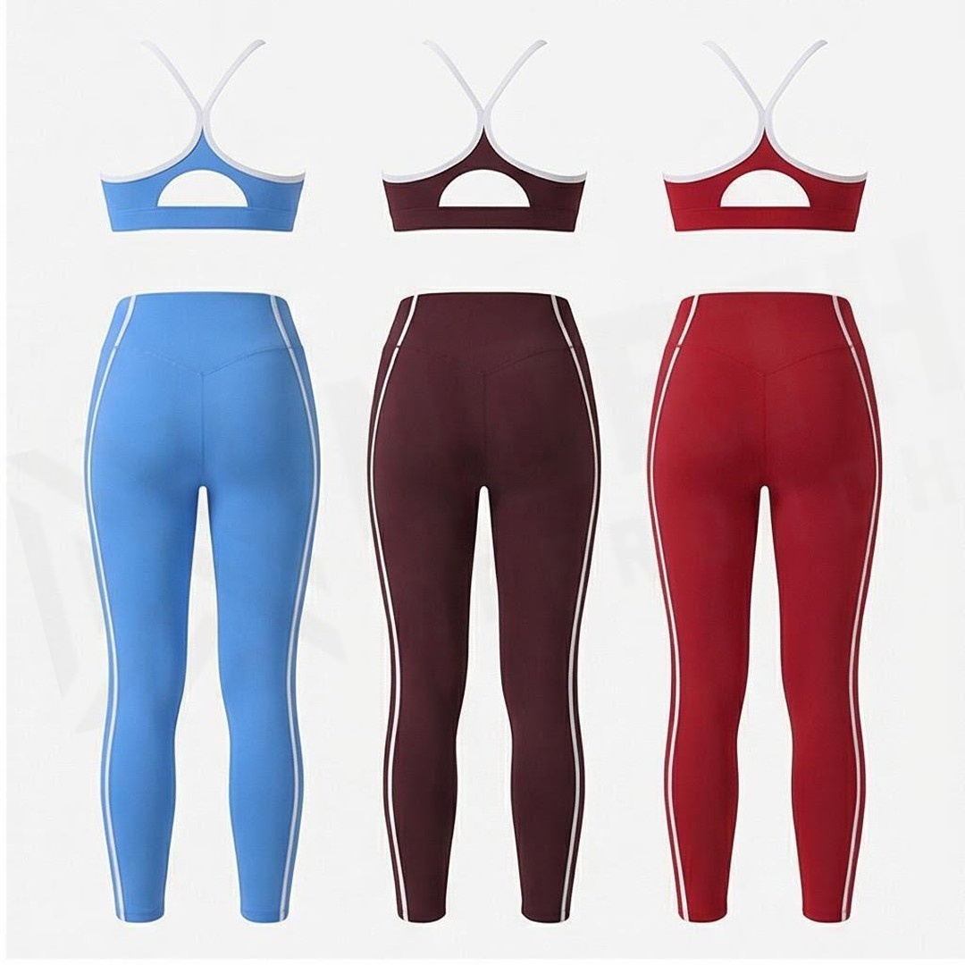 2 Piece Yoga Set High Waist Full Length Leggings With Side Stripe Crisscross Strap Sports Bra Solid Color Seamless Workout Wear