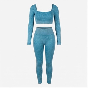 Ensemble de yoga 2 pièces, col carré, longueur intégrale, côtelé, bleu uni, legging taille haute, haut court à manches longues, Spandex Polyester extensible dans les quatre sens - Product Image 3