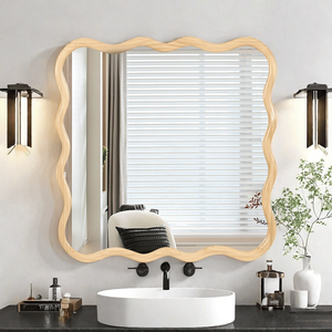Legno naturale 36 \ "X 36 \" moderna parete quadrata ondulata specchio in legno massello arredamento per bagno soggiorno sala da pranzo guardaroba ingresso - Product Image 3