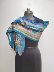 Ethnic Geometric Printed Turquoise <b>Silk</b> <b>Scarf</b> Square Shape Multi-Functional Fashion for <b>Women</b> All Seasons - Product Image 2