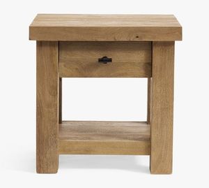 Heavy Teak Wood Nightstand Chunky Block 1 Drawer Bedside Table with <b>Black</b> Hardware - Product Image 1
