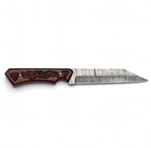 Couteau utilitaire japonais artisanal en acier Damas torsadé, manche en bois de rose sculpté, lame fixe - Product Image 5