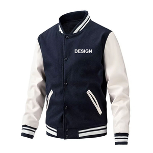 Blouson universitaire pour homme en laine avec manches en cuir PU, style Letterman, boutons-pression, bordure côtelée, bleu marine, personnalisable, vente en gros - Product Image 4