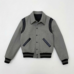 <b>Grey</b> Wool Body Varsity <b>Jacket</b> with Black Leather Accents | Classic Letterman Bomber | OEM Custom Private Label - Product Image 1