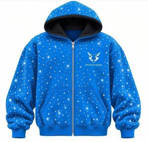 Sweat-shirt à capuche rouge avec fermeture éclair, décoré de perles, style streetwear, manches longues, avec poches avant - Product Image 4