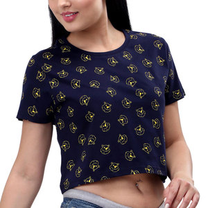 INDEX APPAREL Women's Navy Blue Crop <b>Top</b> Crew Neck Short Sleeve Cartoon Print Casual T-Shirt Spring Summer Wear - Product Image 3