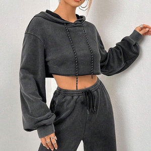 Women's Washed Black Cropped Hoodie Autumn Winter Eco-Friendly Casual Jersey Fabric V-neck Long Sleeve Drawstring Sweatshirt Top - Product Image 5