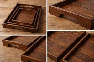Ensemble de plateaux de service en bois faits à la main, style rustique en noyer, plateaux pour le petit-déjeuner, décoration de cuisine de style farmhouse, plateau de service en bois pour aliments - Product Image 5