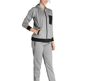 Women Gray Full <b>Zip</b> <b>Hooded</b> Tracksuit Set Long Sleeve Solid Color Casual Sporty Style With Side Pockets Polyester Material - Product Image 2