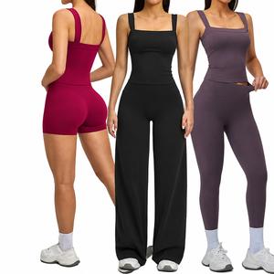 Conjunto de yoga para mujer, suave como la mantequilla, leggings de cintura alta, pantalones de pierna ancha, pantalones cortos, camiseta sin mangas, ropa deportiva elástica para gimnasio, fitness, pilates - Product Image 1