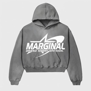 Sudadera con Capucha Marginal Sports para Hombre, Oversize, de Algodón French Terry, Casual, Otoño, con Logo Estampado Frontal, Personalizada, Efecto Desgastado - Product Image 4