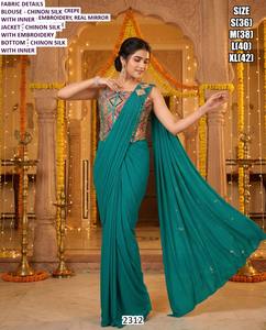 Robe sirène Bandhani moderne à taille naturelle, couleur raisin royal, drapée, avec broderie florale en V, longueur ras du sol - Product Image 2