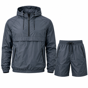 Men's <b>Hooded</b> Quarter-<b>Zip</b> Upper Shorts Set Solid Color Quick Dry Fleece Streetwear Winter Outfit - Product Image 3