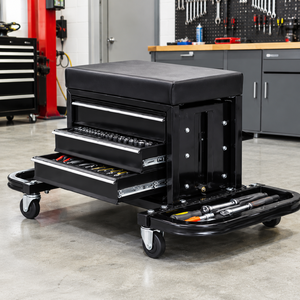 Iron <b>Tool</b> Cabinet with 3 Drawers 350lb Loading Mechanic Seat <b>Tool</b> Tray Storage Cabinet Heavy Duty Padded Seat 4 Wheels GAPSTL01 - Product Image 1