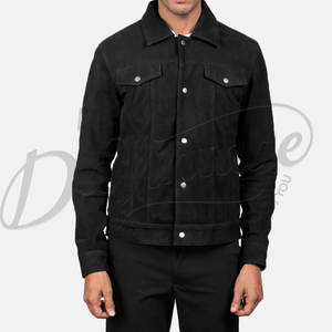 Chaqueta de camionero de cuero de gamuza negra para hombre, estilo clásico con botones, corte ajustado, estilo vaquero, gamuza auténtica, ropa exterior informal a la moda. - Product Image 2