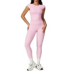 ชุดกีฬา2ชิ้นสำหรับผู้หญิงเลกกิ้งออกกำลังกายฟิตเนสฟิตเนสชุดโยคะกระโปรงสั้นเลกกิ้งออกกำลังกายแขนสั้นชุดกีฬา - Product Image 1