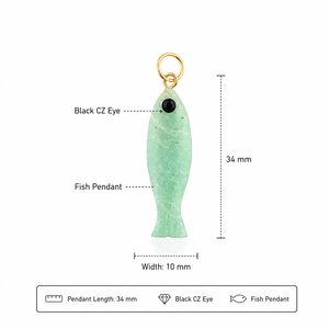 Pendentif Poisson Amazonite Collier de pierres précieuses sculptées avec Oeil d'onyx noir Plaqué or Poisson porte-bonheur Fourniture de bijoux - Product Image 1