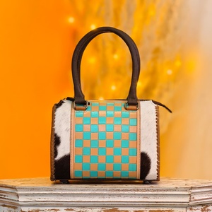 Beautiful Attractive Checkboard Pattern With Black & White Hair On Hide <b>Fur</b> 100% Genuine Leather Material Mini Speedy Duffle Bag - Product Image 1