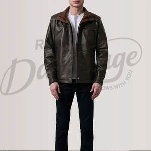 เสื้อแจ็คเก็ตหนังสีน้ำตาลเข้มสำหรับผู้ชาย พร้อมปกด้านในสีแทนตัดกัน หนังแกะแท้ ทรงเข้ารูป สวมใส่สบายในฤดูใบไม้ร่วงและฤดูหนาว สไตล์ลำลองแบบนักขี่มอเตอร์ไซค์ - Product Image 1