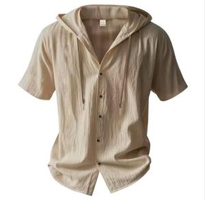 Chemise décontractée pour homme, sur mesure, grise, coupe ajustée, respirante, en lin, col montant, boutonnée, manches courtes, à capuche - Product Image 1