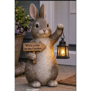 Solar IP65 Rated Polyresin & Plastic Warm White Welcome Bunny Garden Statue with LED Lantern and <b>Battery</b> <b>Backup</b> - Product Image 2