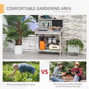 Light Gray Outdoor Potting Bench with Removable Sink Blackboard <b>Open</b> Shelf <b>Storage</b> Grid Backboard for Garden Backyard - Product Image 6