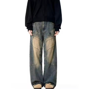 Vaqueros casuales de calle para hombre, multibolsillos, estilo cargo, denim de lavado oscuro, holgados, vintage, estilo motero, paneles, pierna ancha, efecto desgastado, tela para hombre - Product Image 3