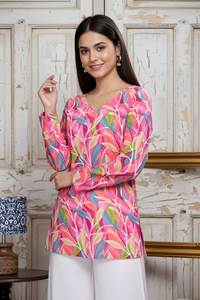 Túnica y Top de Algodón Estampado Rosa para Mujer, Cuello en V, Manga Larga, Completamente Cosido, Cómodo, Informal y Elegante - Product Image 2