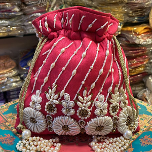 Premium Cotton Woman Handwork Square Style <b>Potli</b> <b>Bag</b> Custom Pattern Pearl Handle Heavy Embroidery Flap Closure Eco-Friendly - Product Image 3