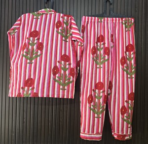 Women's 100% Cotton <b>Pajama</b> Set Full Sleeve Floral Striped Loose Fit Collar Button Fly Spring Wear - Product Image 3