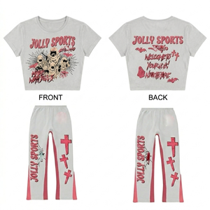 Premium 220 GSM Cotton Polyester Blend Women <b>Crop</b> <b>Top</b> and Pant Set <b>Red</b> Graphic Print Screen Print Custom Logo Women's Sets - Product Image 2