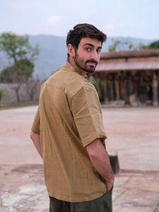 Handmade Men Cotton Kurta <b>Shirt</b> with Tribal Print Panel <b>Half</b> Sleeve Ethnic Tunic for Casual Festive Wear - Product Image 3