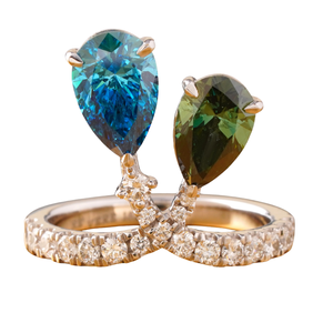 Fancy Vivid Blue Green Pear Cut Lab Grown Diamond <b>Ring</b> with Prong Setting 14K <b>Gold</b> Rare Color Statement - Product Image 1