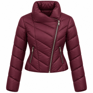 Blouson matelassé zippé pour femme, col montant, matelassage diagonal, manteau court ajusté avec poches zippées, personnalisable - Product Image 1