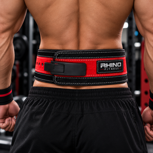 Ceinture de musculation Rhino Fitness rouge et noire, réglable, en cuir, enveloppante, pour soutien lombaire - Product Image 4