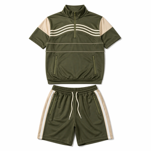 Conjunto Deportivo de Verano para Hombre, a Rayas, de Alta Calidad, Personalizable, de Secado Rápido, Transpirable, con Top de Manga Corta y Media Cremallera, y Pantalones Cortos para Gimnasio - Product Image 5